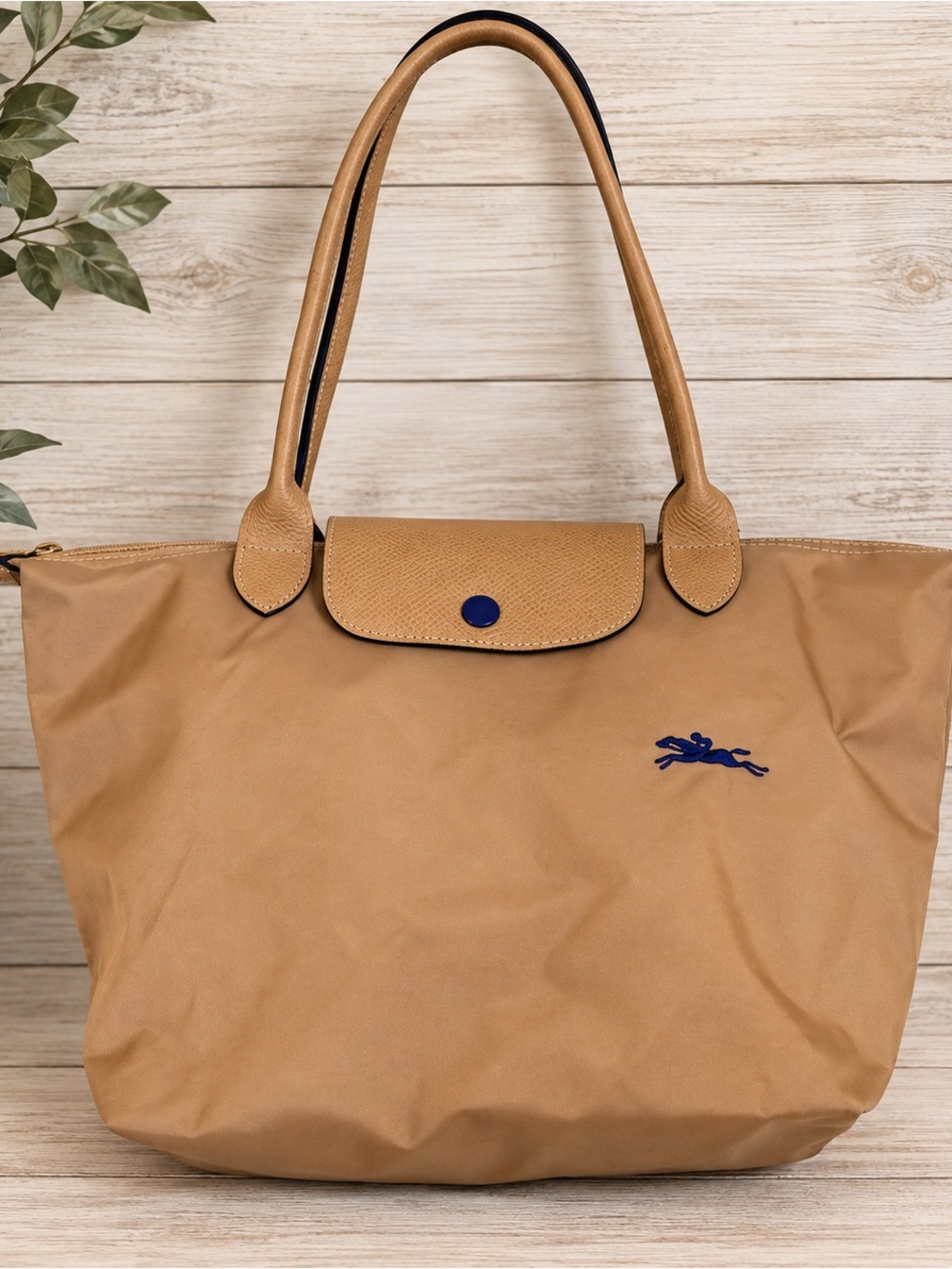 Longchamp Le Pliage Club Small Long Handle Tote Beige/Tan Navy Blue L2605 619